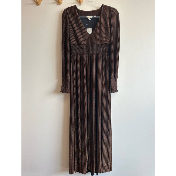 NWT Boden Metallic Brown Jersey Maxi Dress V-Neck Long Sleeve Size 6P Cinched - Picture 6 of 15